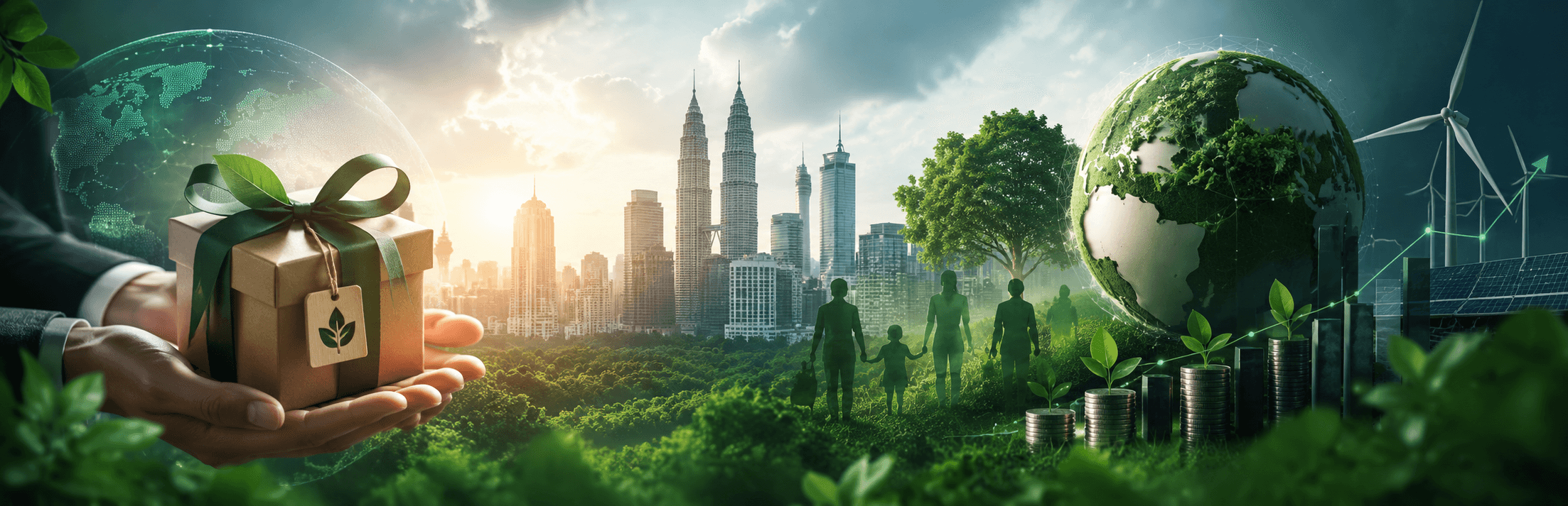 ESG gifting Malaysia banner design featuring sustainable corporate gifting concepts for Bursa-listed companies in 2026, eco-friendly gift box packaging, Kuala Lumpur skyline with Petronas Twin Towers, renewable energy, green business transformation, sustainable investment growth, ESG compliance visuals, carbon-conscious corporate branding, and environmentally responsible gifting solutions. Photorealistic cinematic digital artwork with luxury corporate sustainability aesthetics, representing ESG trends, green economy initiatives, and sustainable business practices in Malaysia.