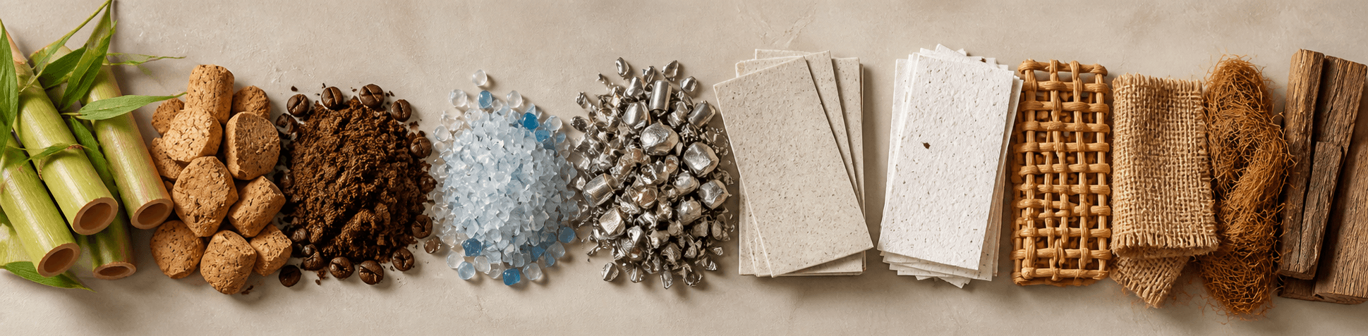 Row of sustainable materials including bamboo, cork, recycled plastic, metal, paper, and natural fibers on neutral background.