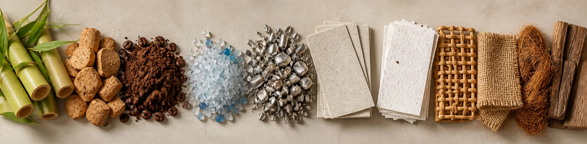 Row of sustainable materials including bamboo, cork, recycled plastic, metal, paper, and natural fibers on neutral background.