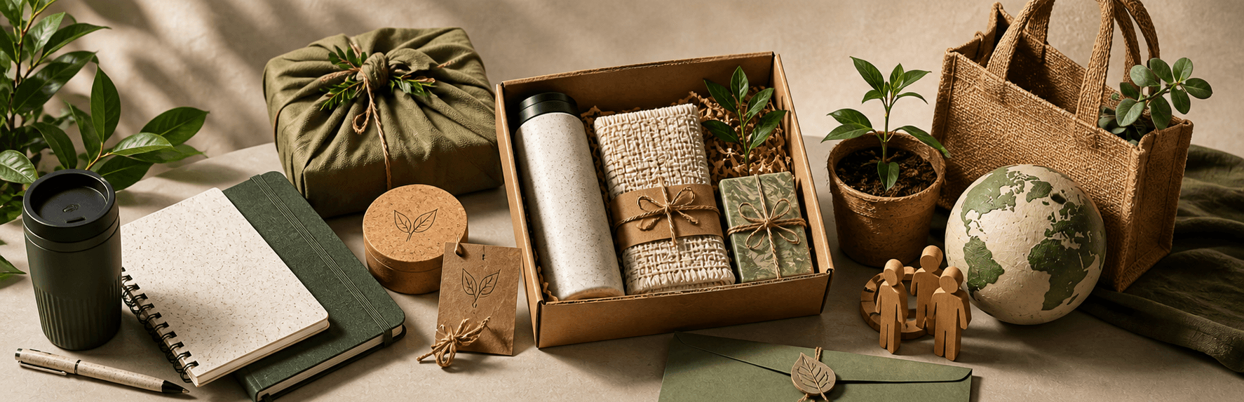 Wide banner of sustainable gift items including reusable cup, notebooks, eco packaging, plants, and natural materials.