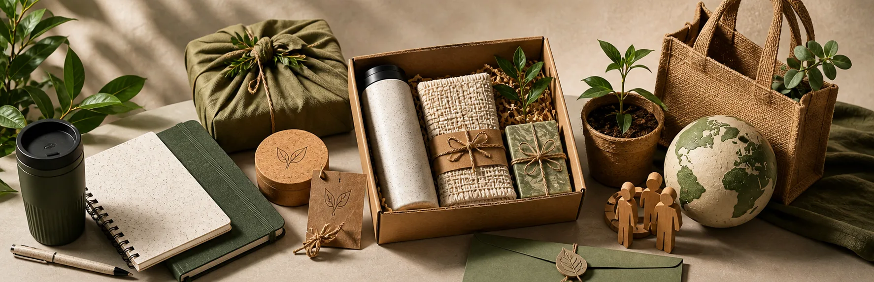 Wide banner of sustainable gift items including reusable cup, notebooks, eco packaging, plants, and natural materials.