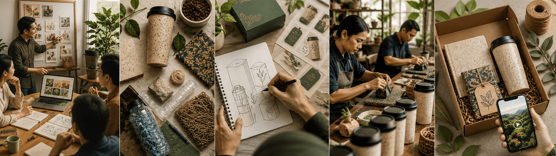 Wide banner showing sustainable gifting process from design to production and final packaging.
