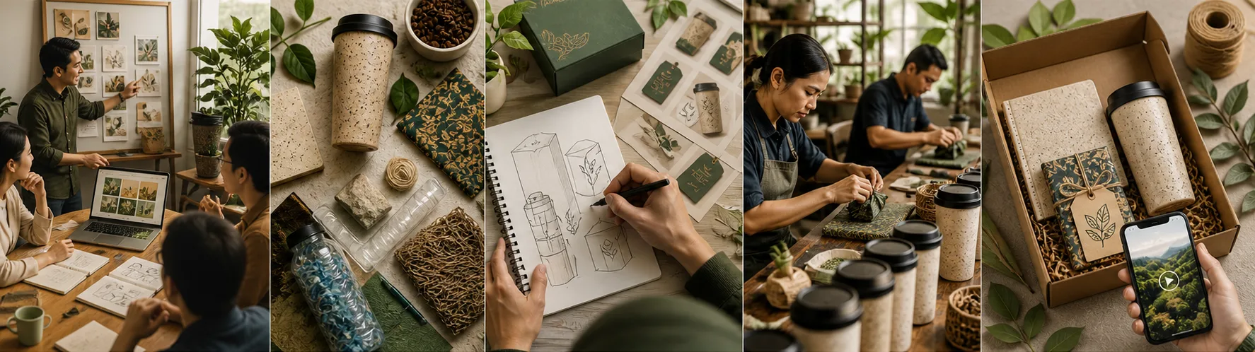 Wide banner showing sustainable gifting process from design to production and final packaging.