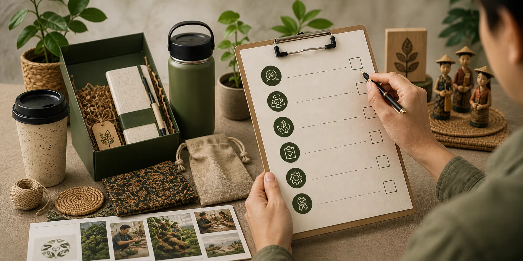 Wide banner showing evaluation of sustainable gift options with eco products and packaging.
