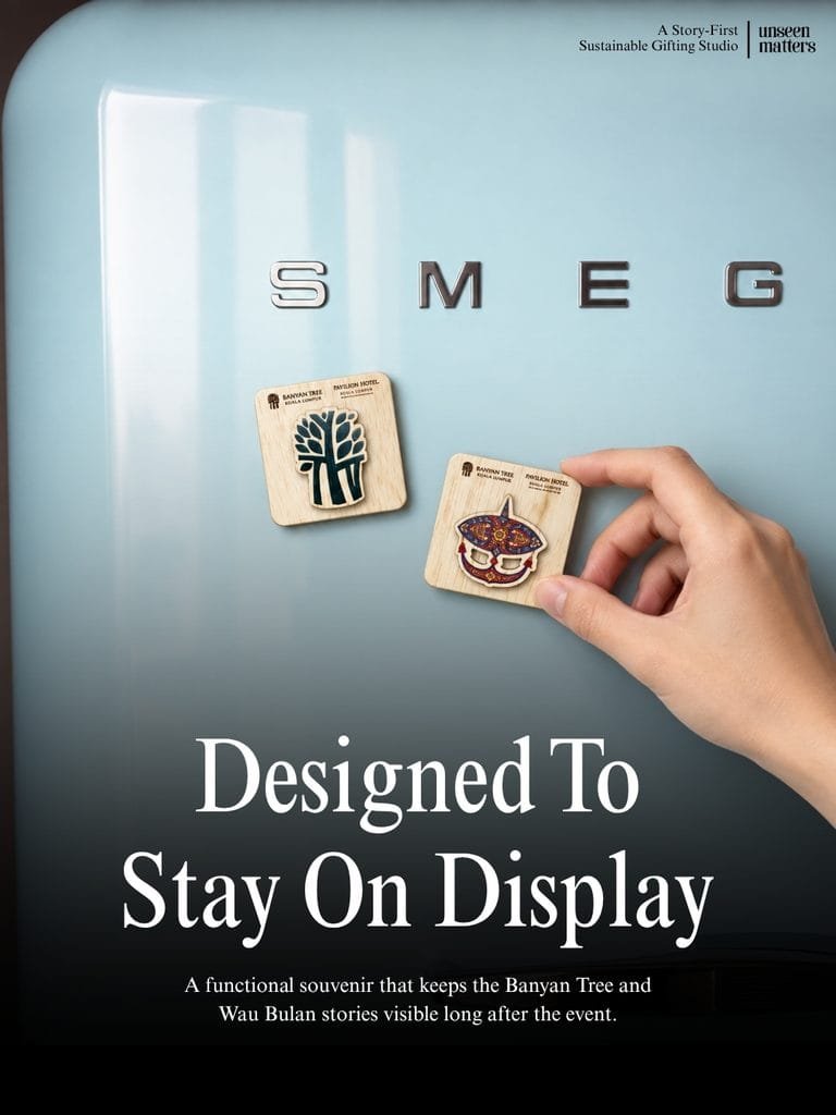 plywood fridge magnet on blue fridge